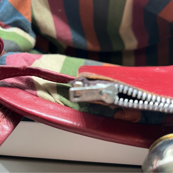 Vintage red leather ball clasp close purse canvas lined attach coin bag straps - Picture 6 of 16